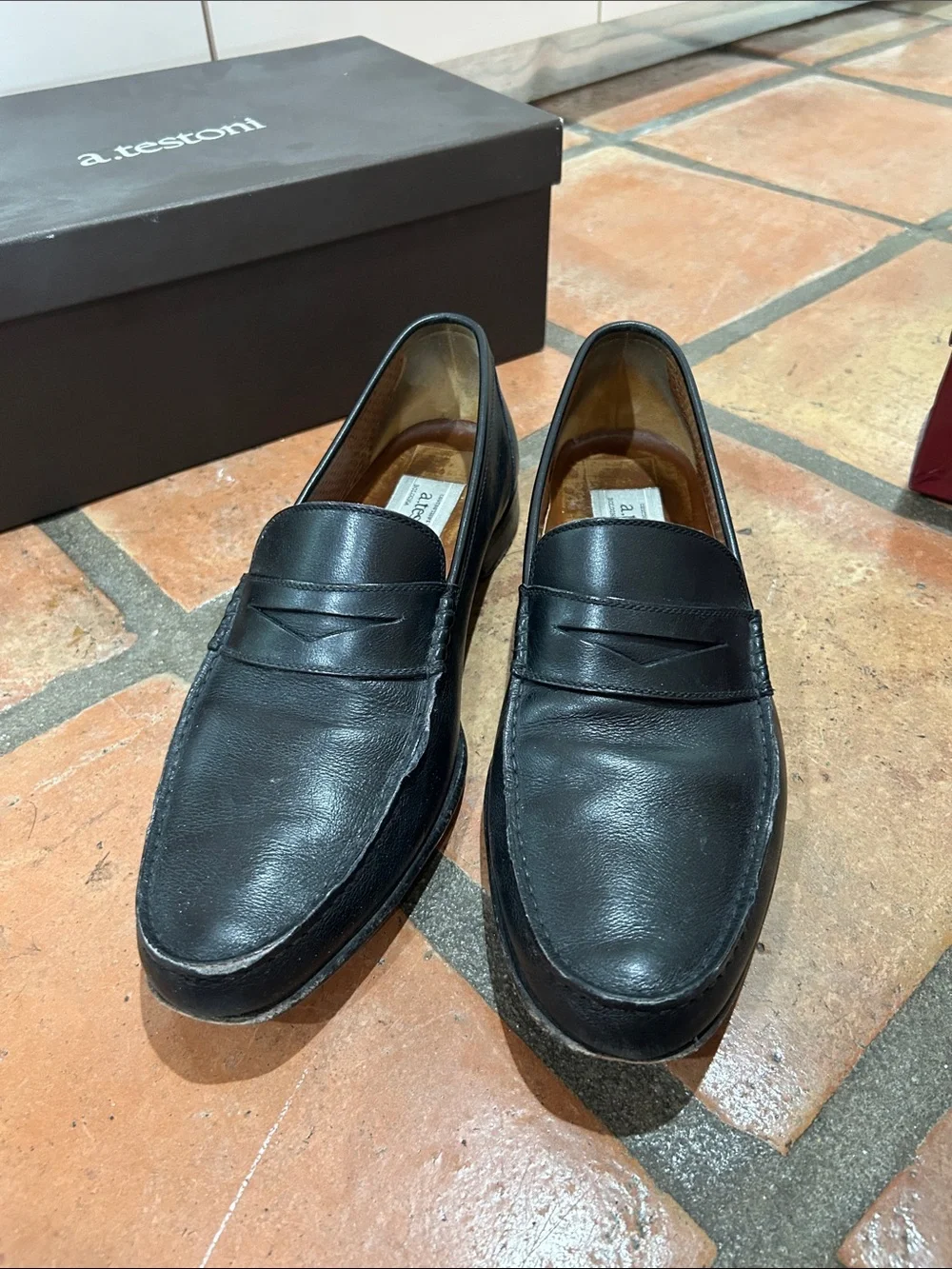 a. testoni Men's Black Leather Penny Loafers